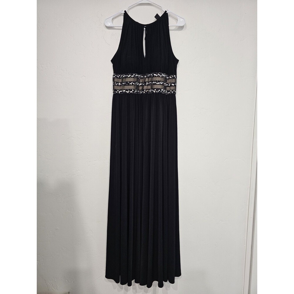 R&M Richard Gown Long Dress Black Sequin Midriff Bare Shoulders Front Slit Sz 8 - Picture 2 of 8